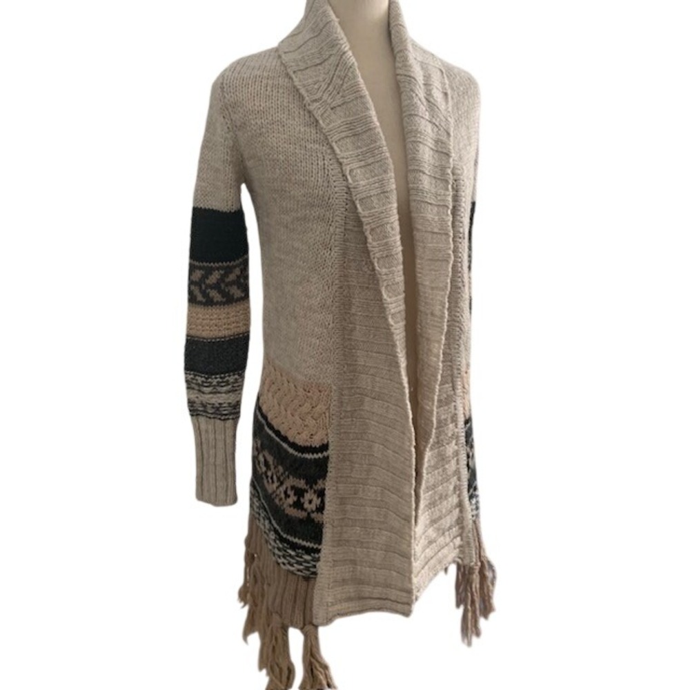 Fringe Open Front Cardigan XXS Wool Blend Coastal Grandma Boho Pink Beige Snag - Picture 2 of 10
